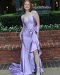 Modest Sheath/Column Satin V-neck Bow Ruffle Prom Dresses