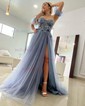 Ball Gown Sweetheart Tulle Sweep Train Appliques Lace Prom Dresses