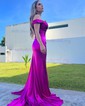 Sheath/Column Off-the-shoulder Silk-like Satin Sweep Train Prom Dresses With Beading