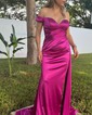 Sheath/Column Off-the-shoulder Silk-like Satin Sweep Train Prom Dresses With Beading