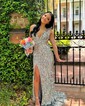 Sparkly Sheath/Column Sequin V-neck Split Prom Dresses