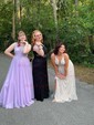 A-line V-neck Lace Sparkly Prom Dresses With Star