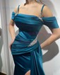 Sheath/Column Off-the-shoulder Satin Sweep Train Prom Dresses With Split Front