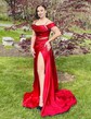 Sheath/Column Off-the-shoulder Satin Sweep Train Prom Dresses With Split Front