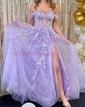 Ball Gown/Princess Sweep Train Off-the-shoulder Tulle Glitter Appliques Lace Prom Dresses