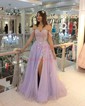 Ball Gown/Princess Sweep Train Off-the-shoulder Tulle Glitter Appliques Lace Prom Dresses