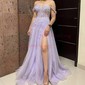 Ball Gown/Princess Sweep Train Off-the-shoulder Tulle Glitter Appliques Lace Prom Dresses