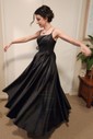 A-line Sweep Train Scoop Neck Silk-like Satin Split Front Prom Dresses