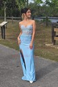 Trumpet/Mermaid Sweetheart Stretch Crepe Sweep Train Prom Dresses With Appliques Lace