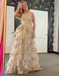 Ball Gown/Princess One Shoulder Tulle Sweep Train Prom Dresses With Appliques Lace