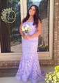 Trumpet/Mermaid Square Neckline Lace Tulle Sweep Train Prom Dresses With Appliques Lace