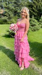 A-line Sweetheart Chiffon Sweep Train Prom Dresses With Appliques Lace