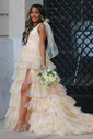 Ball Gown/Princess V-neck Tulle Sweep Train Prom Dresses With Tiered