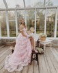 Ball Gown/Princess Off-the-shoulder Tulle Sweep Train Prom Dresses With Appliques Lace